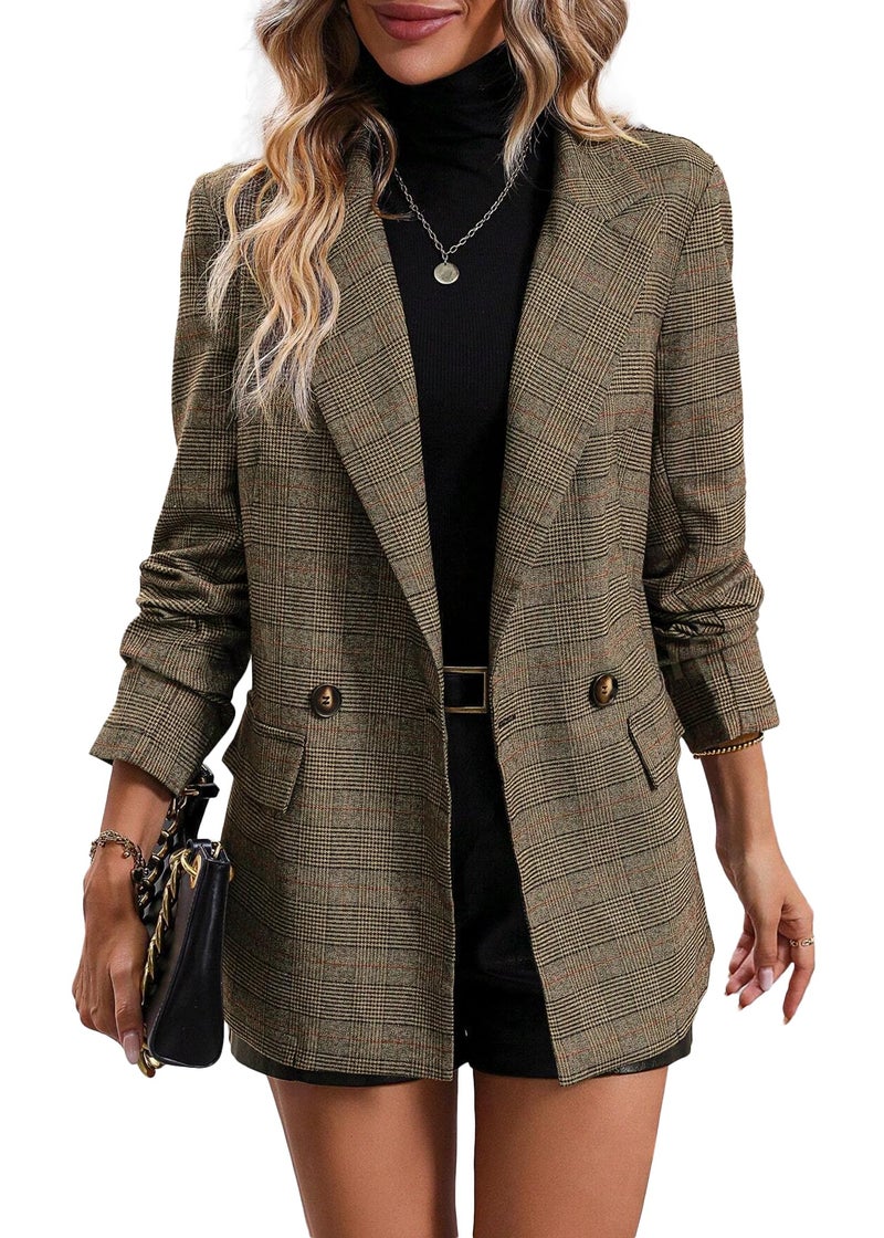 Mina Self Plaid Blazer Jackets for Women 2026 Brown Chocolate Fall Clothes Jacket Blouses Business Caual Outfits Tweed Airport Work Office Womens Clothing Blazers Trendy Fashion Women's Suit Outfit - Image 1