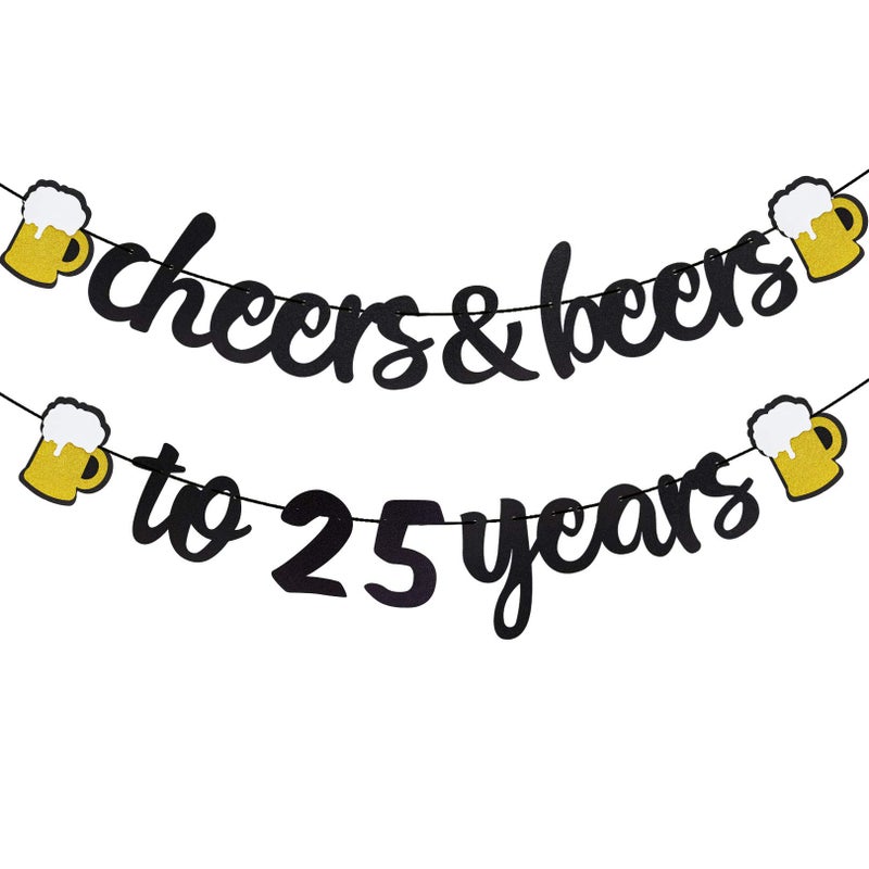 Joymee 25th Birthday Decorations for Men Women Cheers to 25 Years Banner PreStrung 25th Beer Happy Birthday Party Decorations Black Gold - Image 3