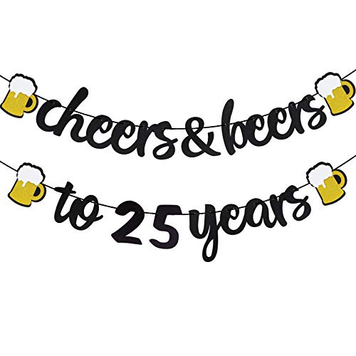 Joymee 25th Birthday Decorations for Men Women Cheers to 25 Years Banner PreStrung 25th Beer Happy Birthday Party Decorations Black Gold - Image 1