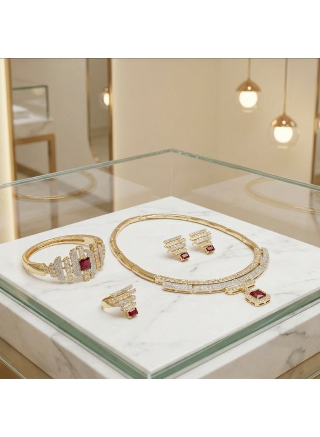 DubaiGallery Luxury gold ruby and diamond bridal jewelry set featuring statement necklace, matching bracelet, bold ring and elegant earrings, crafted for timeless glamour, weddings, anniversaries and unforgettable evening elegance wear appeal - Image 4