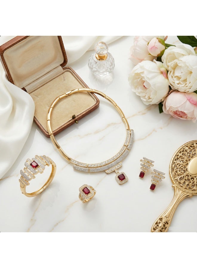 DubaiGallery Luxury gold ruby and diamond bridal jewelry set featuring statement necklace, matching bracelet, bold ring and elegant earrings, crafted for timeless glamour, weddings, anniversaries and unforgettable evening elegance wear appeal - Image 3