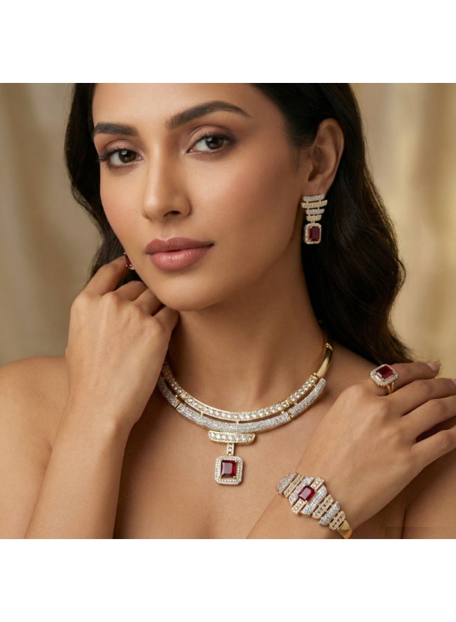 DubaiGallery Luxury gold ruby and diamond bridal jewelry set featuring statement necklace, matching bracelet, bold ring and elegant earrings, crafted for timeless glamour, weddings, anniversaries and unforgettable evening elegance wear appeal - Image 1