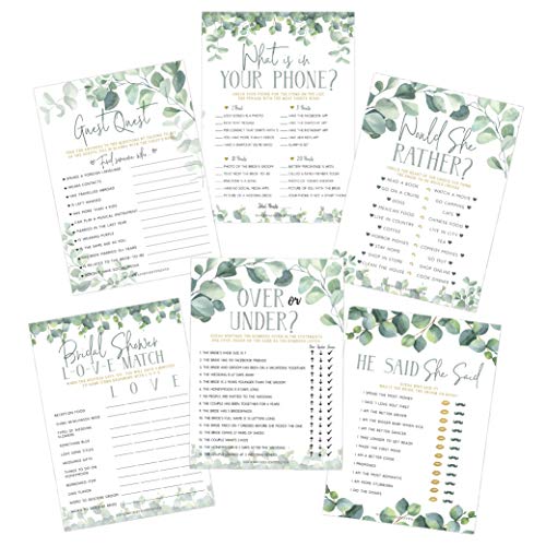 Your Main Event Prints Eucalyptus Bridal Games Set of 6 Fun Games 25 DoubleSided Cards Each Includes He Said She Said Guest Quest Whats in Your Phone Over or Under Bridal Shower Love Match and Would She Rather - Image 1