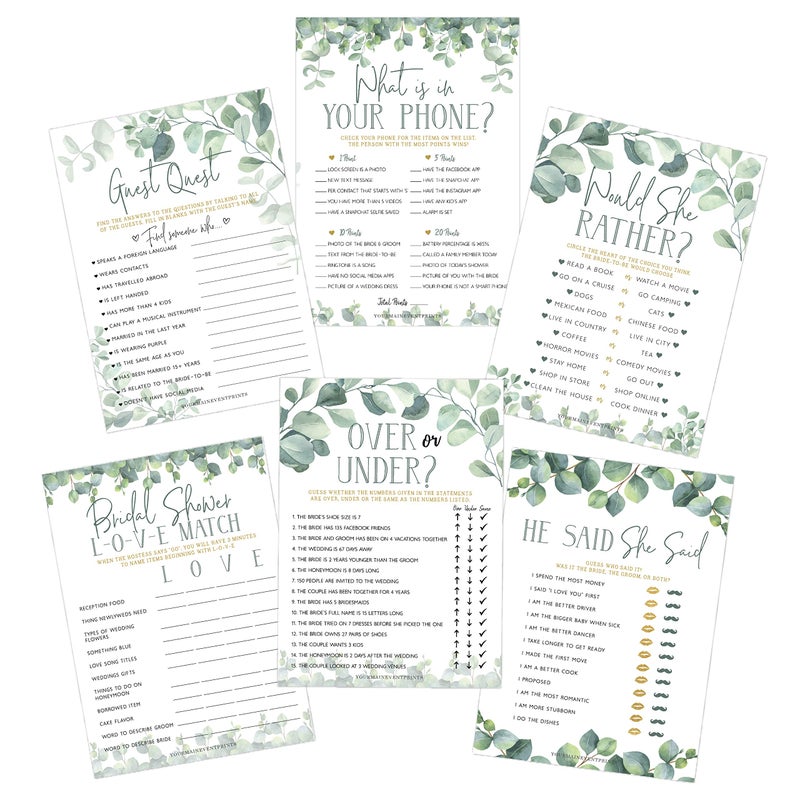 Your Main Event Prints Eucalyptus Bridal Games Set of 6 Fun Games 25 DoubleSided Cards Each Includes He Said She Said Guest Quest Whats in Your Phone Over or Under Bridal Shower Love Match and Would She Rather - Image 2