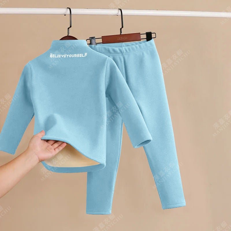 Childrens Thermal Underwear fleece-lined Thickened suit Middle and Big Children Boys Girls Warm Base Heating Autumn Clothes Autumn Pants Winter Blue letter el [q3 set] 