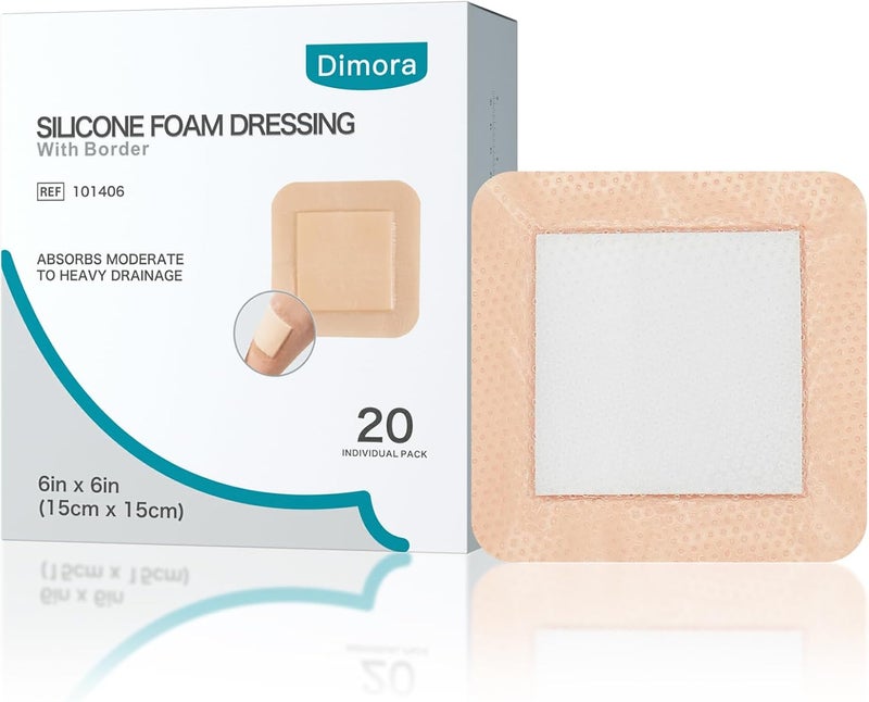 Dimora Silicone Foam Dressing with Border Adhesive 6x6 Waterproof Wound Dressing Bandage for Wound Care 20 Pack - Image 1
