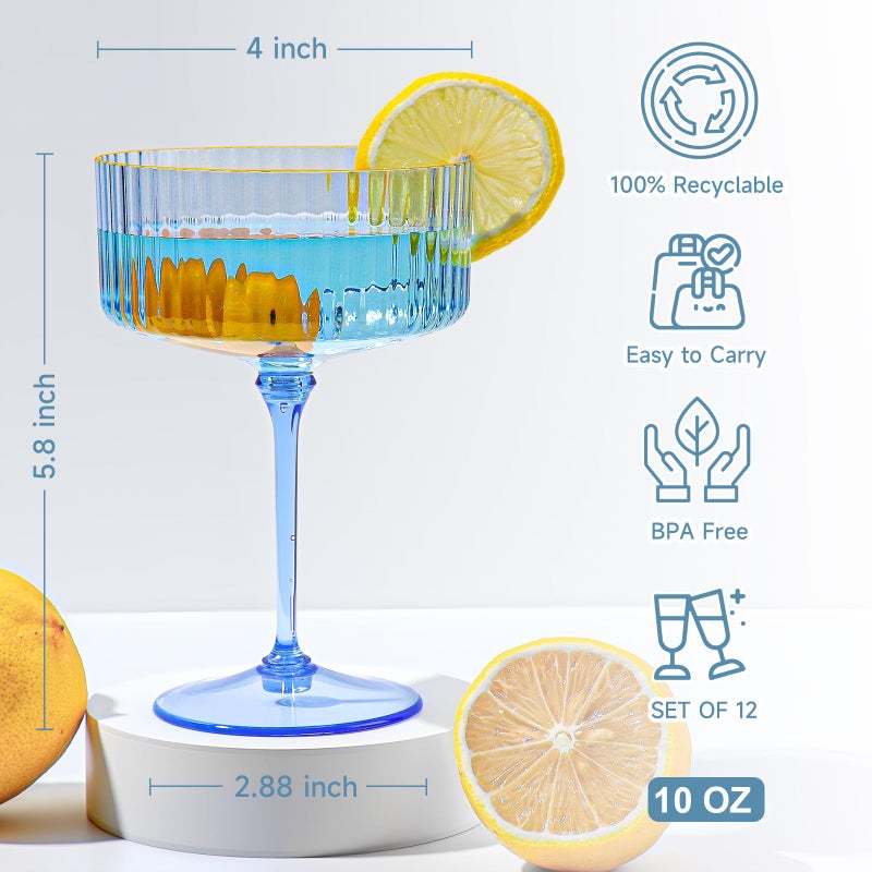 XUWAIDSGN 12 Pcs Champagne Martini Glasses 9 Oz with Gilded Removable Gold Rim Coupe Glasses Pink Martini Glasses Plastic Mimosa Vintage Coupe Glasses Set For Wedding Anniversary (12, Clear Blue) - Image 2