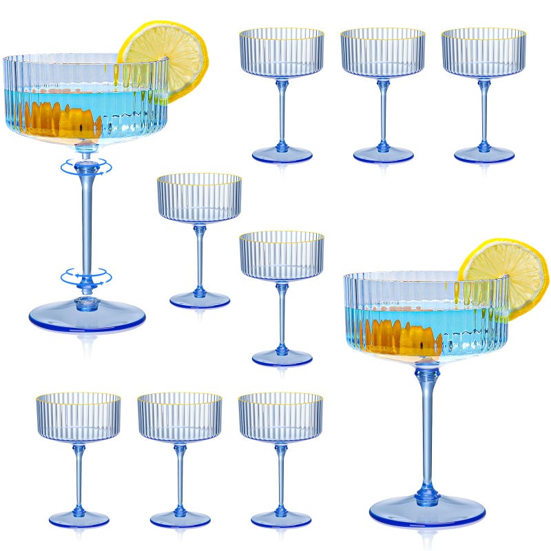 XUWAIDSGN 12 Pcs Champagne Martini Glasses 9 Oz with Gilded Removable Gold Rim Coupe Glasses Pink Martini Glasses Plastic Mimosa Vintage Coupe Glasses Set For Wedding Anniversary (12, Clear Blue) - Image 1