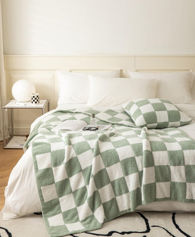 ULTRASOFT BUFFALO CHECKERBOARD GRID FLUFFY MICROFIBER KNITTED THROW BLANKET SUPER COZY LIGHTWEIGHT CHECKERED BED BLANKET FOR SOFA COUCH BED MATCHA 51X63