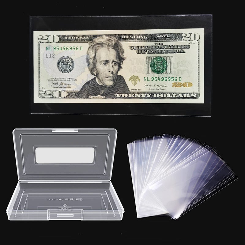 MUDOR Dollar Bill Holder with Storage Case, MUDOR PP Material 100 Pieces Clear Paper Money Currency Collection Sleeves Protector Bag, Banknotes Protector Slab Holder - Image 1