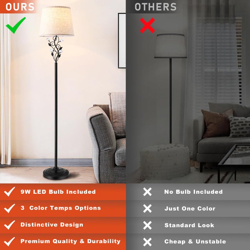 Sheetea Sheeta 65â€™â€™ Floor Lamps for Living Room with 3 Color Temperatures LED Bulb, Standing Lamp Tall Farmhouse Floor Lamp with Rustic Leaf Design, Tall Lamps for Living Room Bedroom Office Reading, Black - Image 2