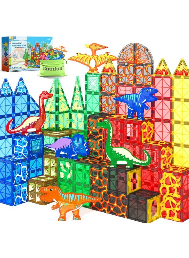 Coodoo - 102Pcs Dinosaur Toys Magnetic Tiles With 8 Dinosaurs - Jurassic Scenes Dinosaur World Adventure Set, Magnetic Blocks Kids Toys For Boys & Girls Ages 3+, Sensory Toddler Toys Creative Kids Games Gifts - Image 1