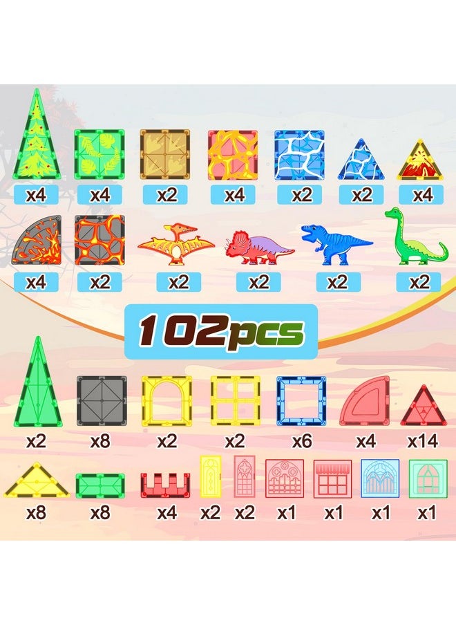 Coodoo - 102Pcs Dinosaur Toys Magnetic Tiles With 8 Dinosaurs - Jurassic Scenes Dinosaur World Adventure Set, Magnetic Blocks Kids Toys For Boys & Girls Ages 3+, Sensory Toddler Toys Creative Kids Games Gifts - Image 1