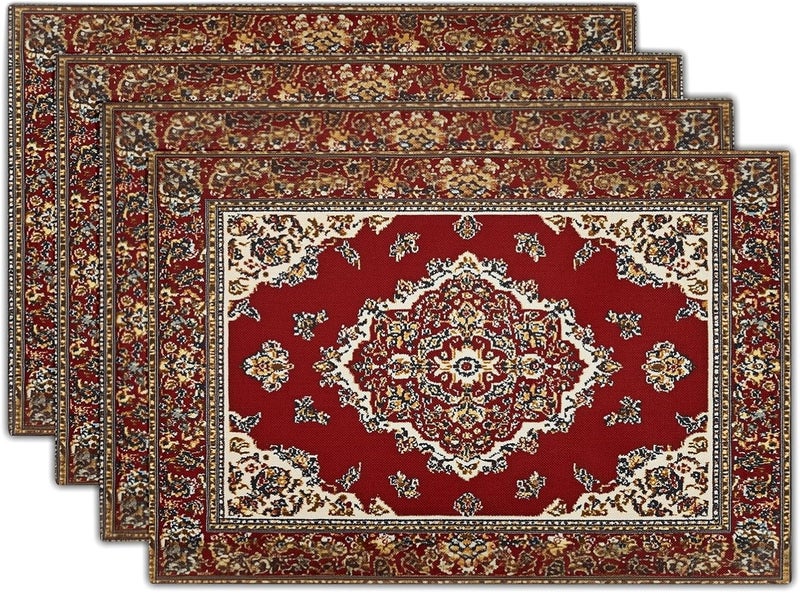 Giwawa 12x18 Ethnic Boho Placemats Set of 4 Antique Tribal Rustic Red Floral Table Mats Farmhouse Carpet Stain Resistant Washable Linen Place Mat for Kitchen Dining Picnic Party Decor - Image 1