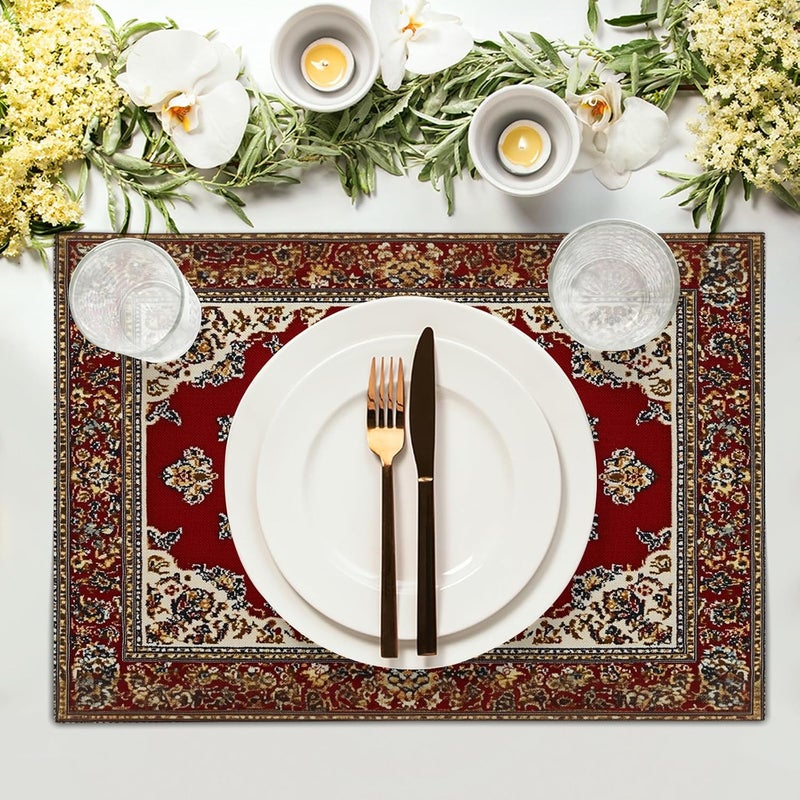 Giwawa 12x18 Ethnic Boho Placemats Set of 4 Antique Tribal Rustic Red Floral Table Mats Farmhouse Carpet Stain Resistant Washable Linen Place Mat for Kitchen Dining Picnic Party Decor - Image 3