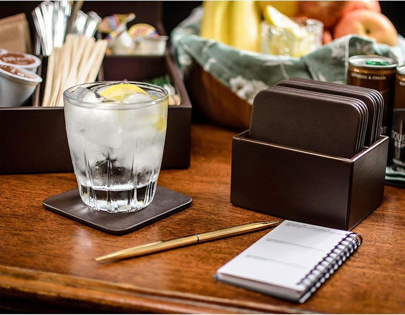 Dacasso Chocolate Holder Brown Leatherette 10 Square Coaster Set - Image 2