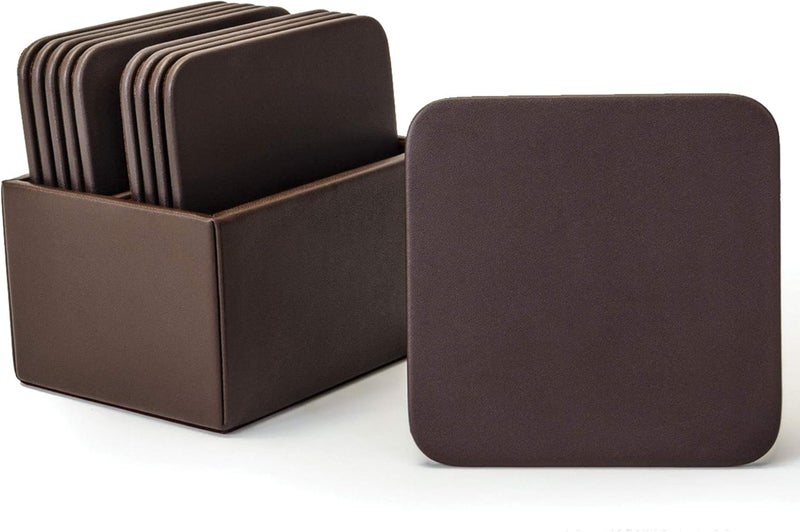 Dacasso Chocolate Holder Brown Leatherette 10 Square Coaster Set - Image 1