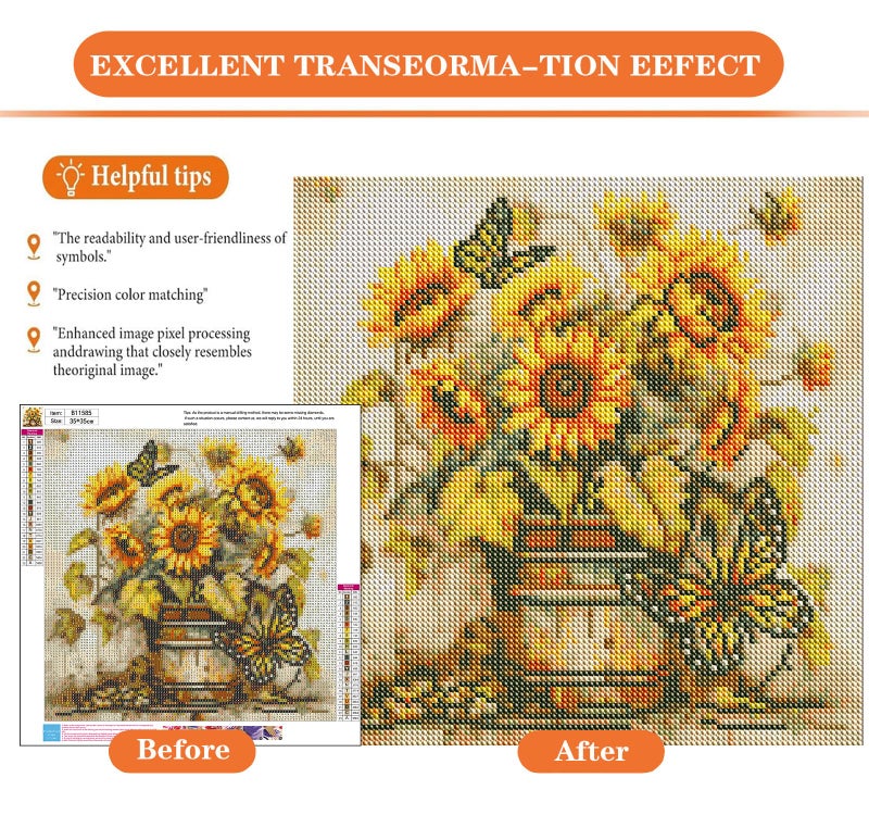 igoodom Diamond Art Kits for Adults, Sunflowers Diamond Art Kits, Full Drill Round Sunflowers Butterfly Diamond Painting Kits, DIY Gem Art and Crafts for Home Wall Decor Gift 14x14inch - Image 2