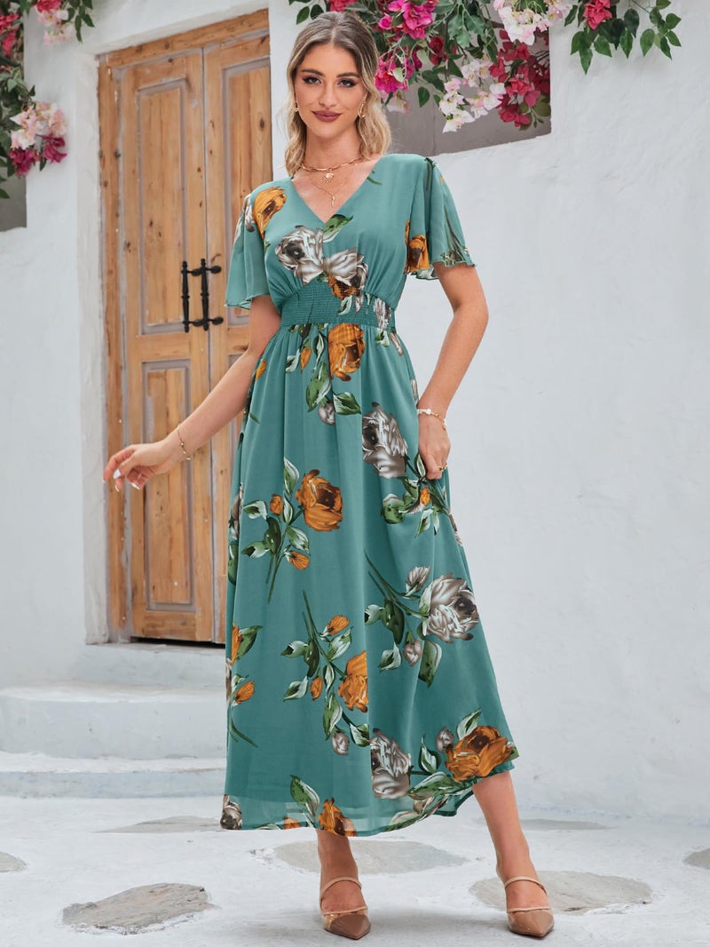 Simplee Apparel Simplee Women Casual Boho Floral Maxi Dress Flowy Long Wedding Guest Dress Holiday Beach V Neck Short Sleeve Maternity Dresses (XL Turquoise) - Image 5