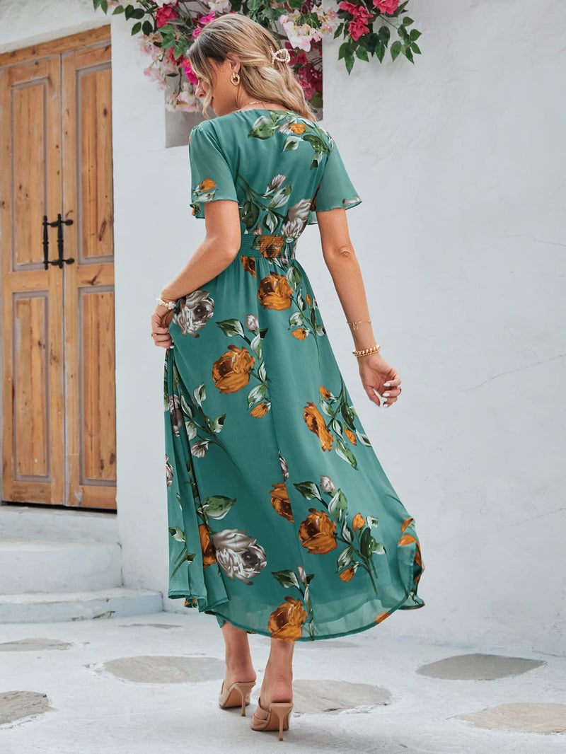 Simplee Apparel Simplee Women Casual Boho Floral Maxi Dress Flowy Long Wedding Guest Dress Holiday Beach V Neck Short Sleeve Maternity Dresses (XL Turquoise) - Image 4