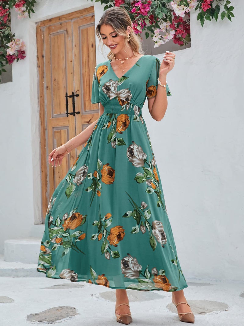 Simplee Apparel Simplee Women Casual Boho Floral Maxi Dress Flowy Long Wedding Guest Dress Holiday Beach V Neck Short Sleeve Maternity Dresses (XL Turquoise) - Image 3