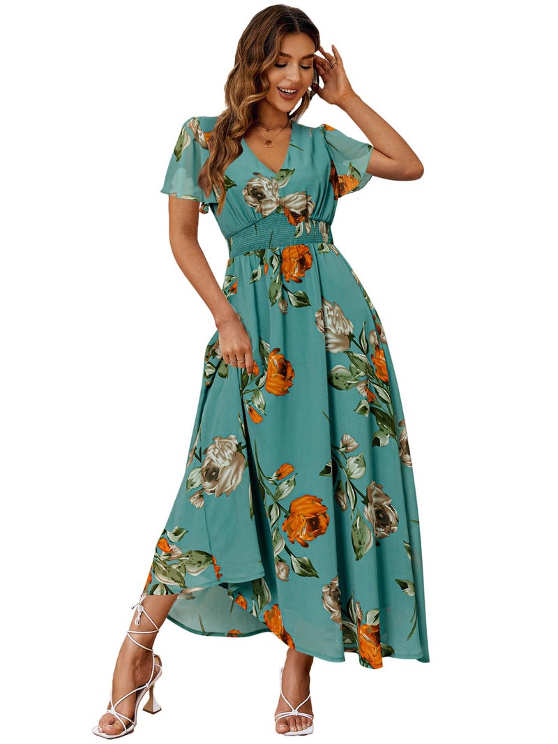 Simplee Apparel Simplee Women Casual Boho Floral Maxi Dress Flowy Long Wedding Guest Dress Holiday Beach V Neck Short Sleeve Maternity Dresses (XL Turquoise) - Image 1