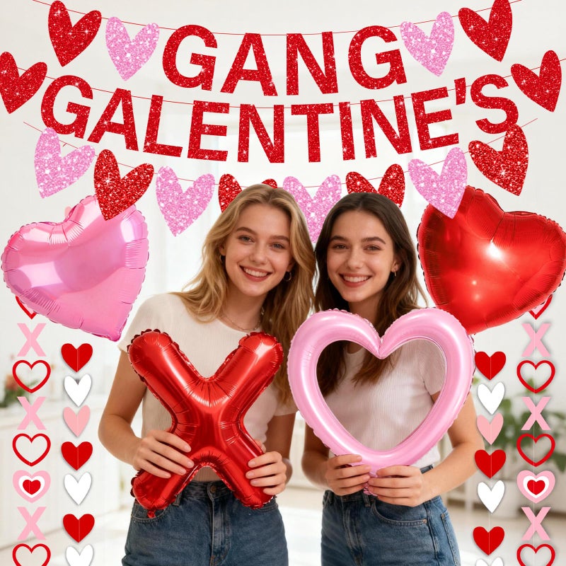 Bolake Galentines Day Decorations for Party Set Galentines Gang Banner Red Pink Heart Garland Banners X Letters & Pink Heart Foil Balloons for Galentine's Valentine's Day Decorations - Image 5