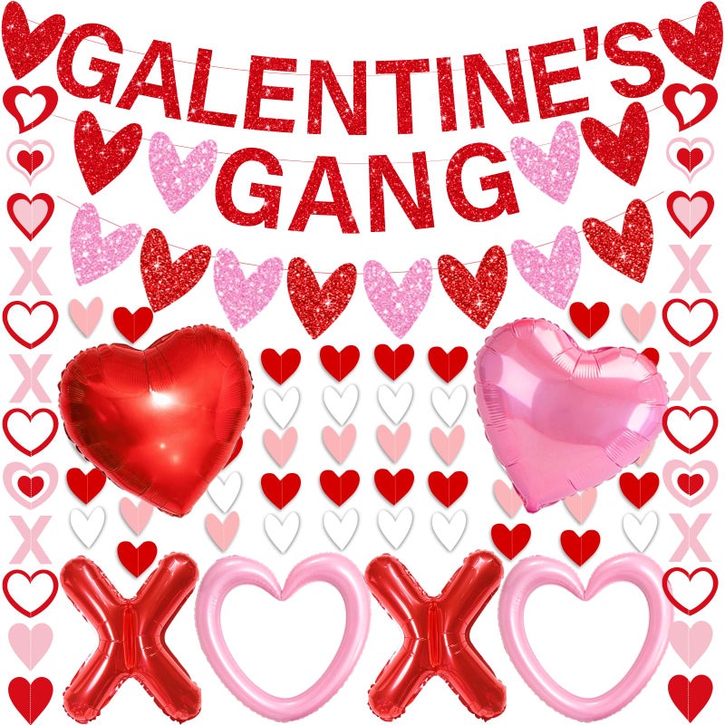 Bolake Galentines Day Decorations for Party Set Galentines Gang Banner Red Pink Heart Garland Banners X Letters & Pink Heart Foil Balloons for Galentine's Valentine's Day Decorations - Image 1