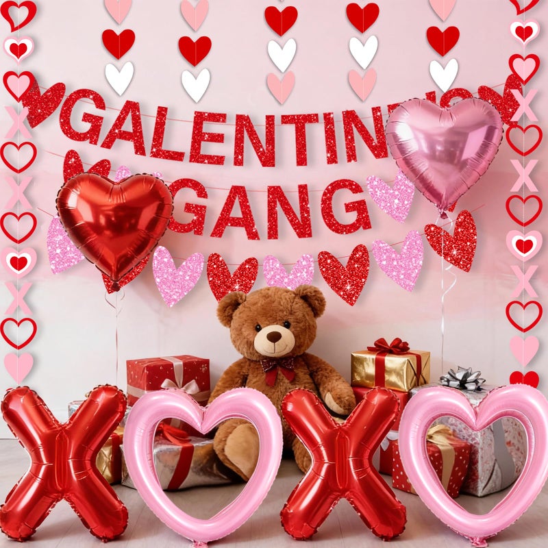 Bolake Galentines Day Decorations for Party Set Galentines Gang Banner Red Pink Heart Garland Banners X Letters & Pink Heart Foil Balloons for Galentine's Valentine's Day Decorations - Image 3