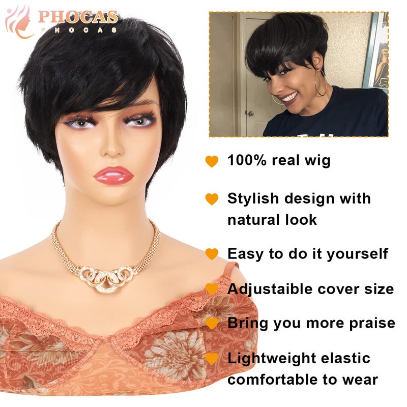 PHOCAS Short Cut Wigs Human Hair Short Pixie Wigs With Bangs Pixie Cut Wig (Short Straight-Natural Black) - Image 2
