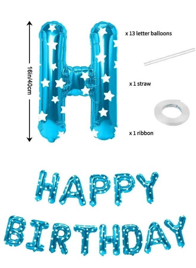 INSX HAPPY BIRTHDAY Balloon Set - 16 Inch Letter Balloons with Straw and Ribbon - Easy to Inflate and Hang - Durable and Reusable - Perfect for Birthday Party Decorations (Blue Color Star Design) - Image 2