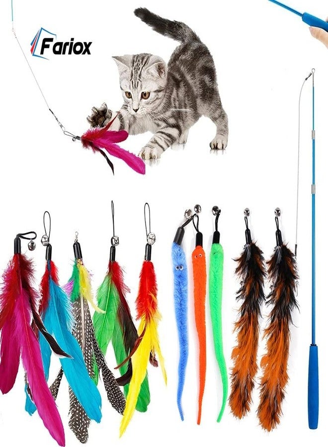 Fariox Feather Teaser Cat Toy, 1 Pcs Retractable Interactive Cat Teaser Rods, 10 Pcs Replacement Colorful Feather Refills with Bells, Feather Dangler Funny Exercise for Indoor Cat Kitten Catcher - Image 1