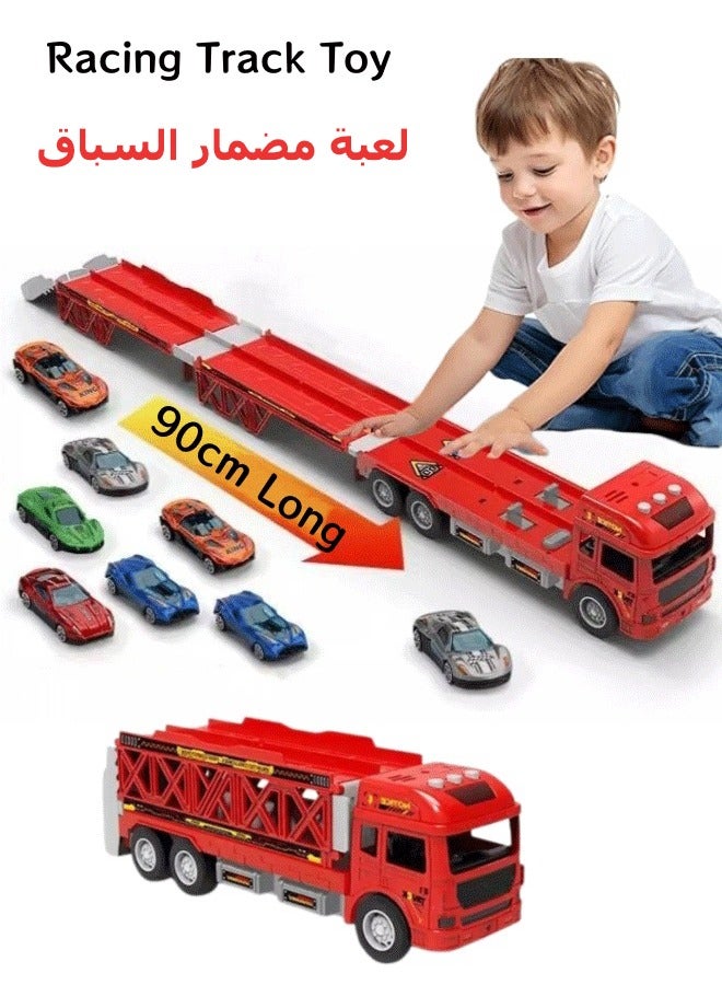Beauenty Racing Track Toy, Race Car Track Toy Truck Toy Foldable Car Race Track Playset Ejection Race Truck with 8 Alloy Cars Dual- Track Transport Car Carrier Toy Container Truck Toy for 3+ Years Boys Girls - Image 1