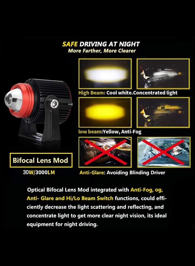مستر سمارت مصباح ضباب LED صغير من Mr Smart، 30 واط 3000 لومن، شعاع عالي/منخفض ثنائي اللون، مضاد للتوهج، مناسب للسيارات/الجيب/الدراجات النارية/السيارات الرياضية متعددة الاستخدامات/المركبات الرباعية/الشاحنات - Image 2