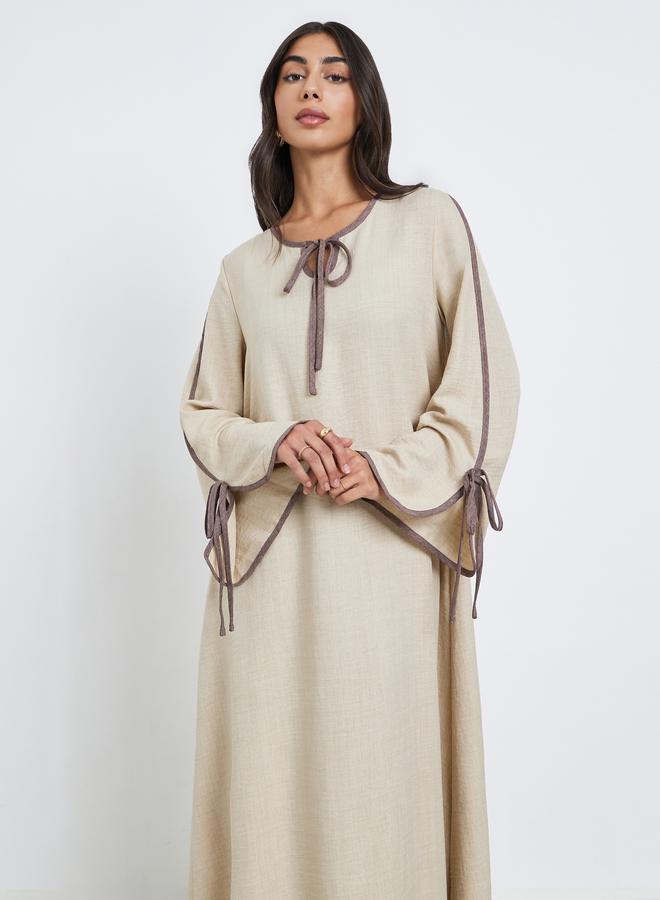 Amirah Beige Tie-Up Detail Jalabiya with Contrast Piping - Image 2