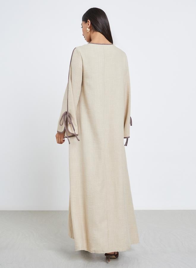 Amirah Beige Tie-Up Detail Jalabiya with Contrast Piping - Image 4