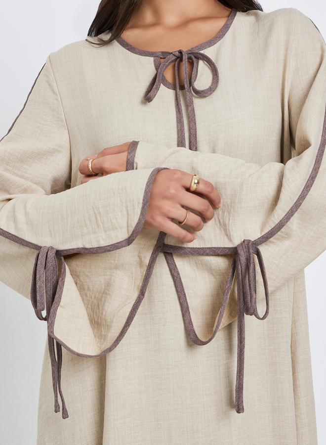 Amirah Beige Tie-Up Detail Jalabiya with Contrast Piping - Image 3