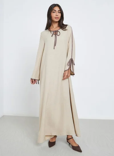 Amirah Amirah Beige Tie-Up Detail Jalabiya with Contrast Piping