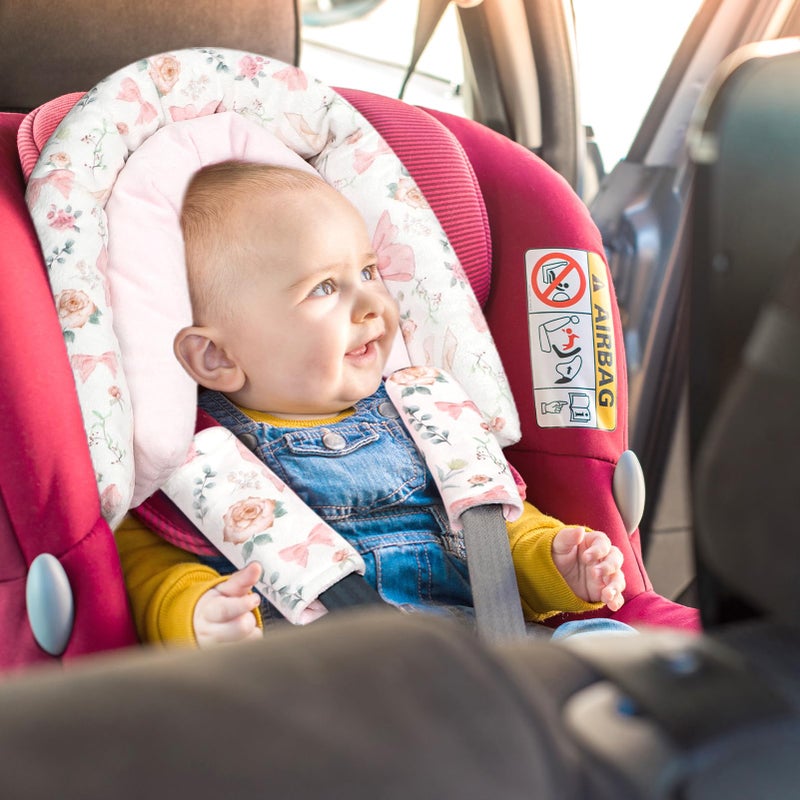 GFU Baby Car Seat Head Support for Newborn, 2 in 1 Infant Car Seat Head Body Support with Strap Pads, Soft Stroller Cushion Pillow Insert for Girls, Fits for Stroller, Swing, Pink Floral - Image 4