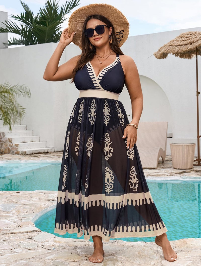 SCOMCHIC Womens Plus Size One Piece Swimsuit Tummy Control Bathing Suit Floral Prints Curvy Mesh Swim Skirt - Image 4