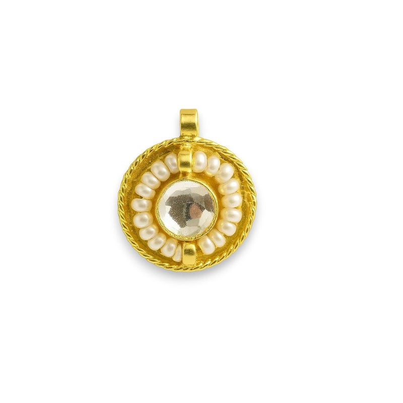 ACCESSHER American Diamond Shaped Nosepin with Beaded Pearl Outline, Gold Tone, Traditional Indian Faux Pearl Detailing, Non-Pierced Nose Accessory - Image 1