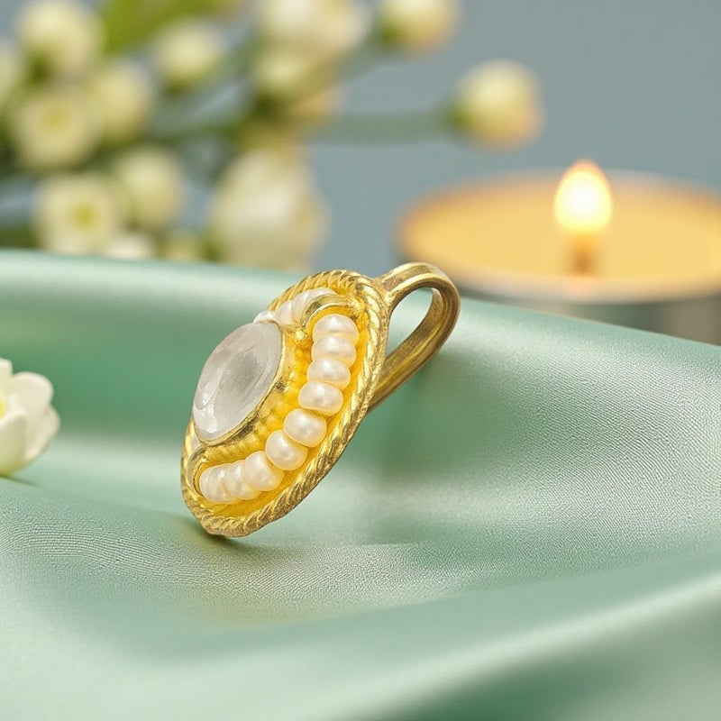 ACCESSHER American Diamond Shaped Nosepin with Beaded Pearl Outline, Gold Tone, Traditional Indian Faux Pearl Detailing, Non-Pierced Nose Accessory - Image 3