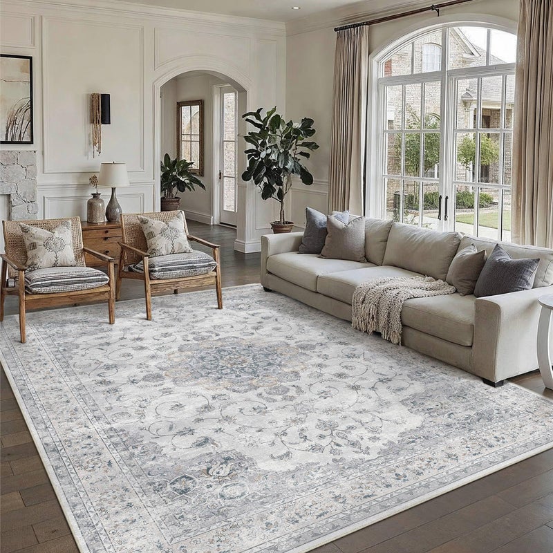 HUGEAR Machine Washable Area Rugs 9x12 Vintage Blue Large Living Room Bedroom Rug Neutral Style Non Slip Stain Resistant Low Pile Throw Carpet for Home Retro Aesthetic Modern Decor - Image 2