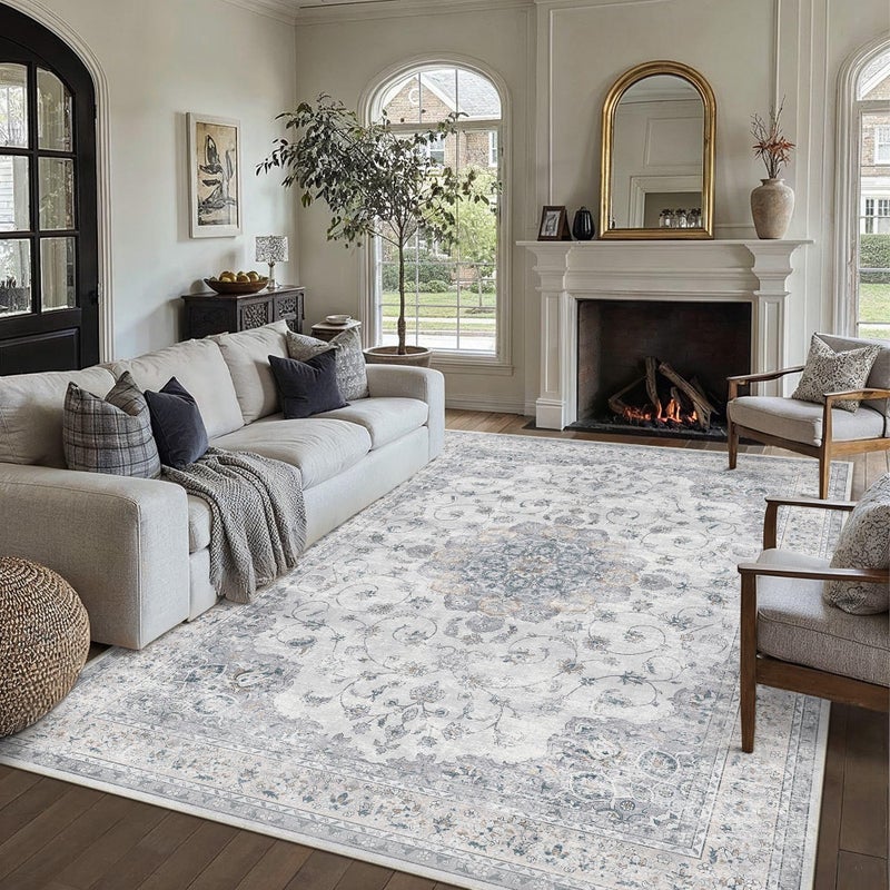 HUGEAR Machine Washable Area Rugs 9x12 Vintage Blue Large Living Room Bedroom Rug Neutral Style Non Slip Stain Resistant Low Pile Throw Carpet for Home Retro Aesthetic Modern Decor - Image 1