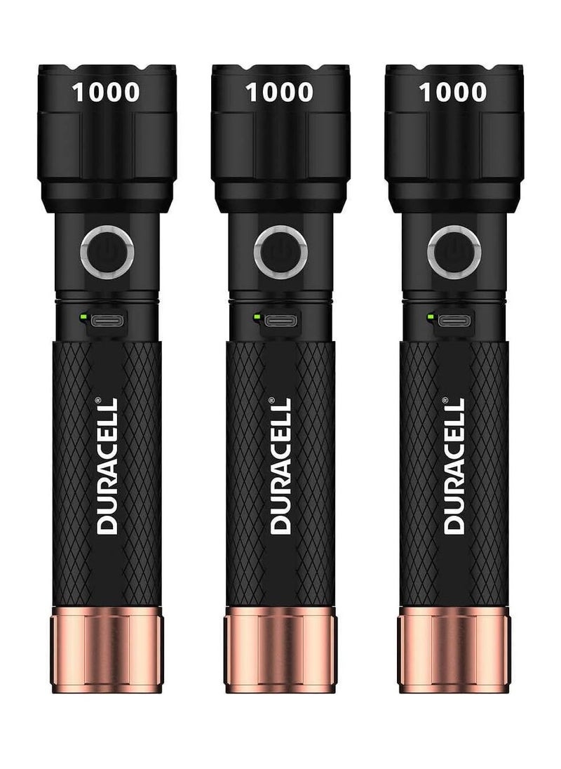 3-Piece Durabeam Ultra Hybrid LED Lightweight Flashlights with 3 Mode Functions - 1000 Lumens, With 12 duracell AAA alkaline batteries and 3 USB Cables