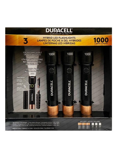 3-Piece Durabeam Ultra Hybrid LED Lightweight Flashlights with 3 Mode Functions - 1000 Lumens, With 12 duracell AAA alkaline batteries and 3 USB Cables