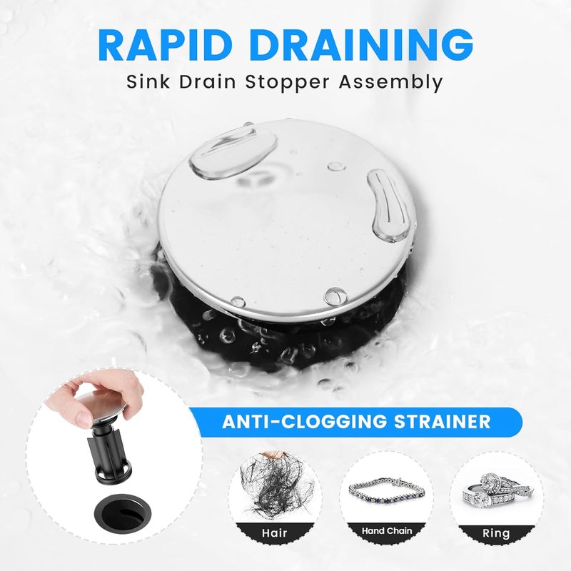 Hurran Bathroom Sink Drain with Overflow, Universal Bathroom Sink Stopper for Bathroom Vanity Vessel Sink, Plastic Pop-up Sink Drain with Hair Catcher Anti-Clog Strainer, Chrome - Image 4