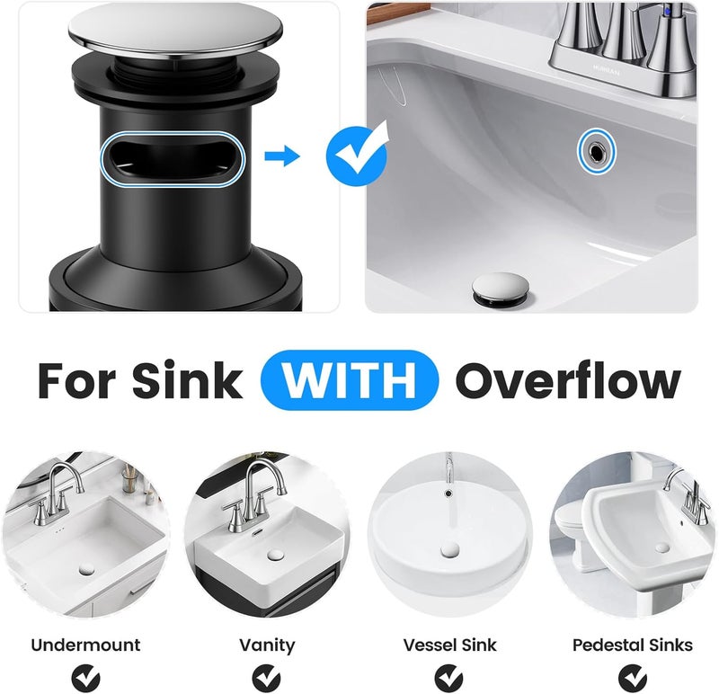 Hurran Bathroom Sink Drain with Overflow, Universal Bathroom Sink Stopper for Bathroom Vanity Vessel Sink, Plastic Pop-up Sink Drain with Hair Catcher Anti-Clog Strainer, Chrome - Image 2