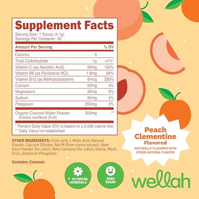 Wellah Electrolytes Powder (Peach Clementine) 50 Servings - Hydration Drink Mix, 7 Vitamins & Minerals, Zero Sugar - Image 2