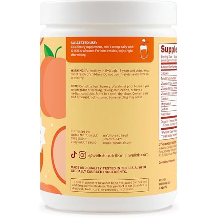Wellah Electrolytes Powder (Peach Clementine) 50 Servings - Hydration Drink Mix, 7 Vitamins & Minerals, Zero Sugar - Image 3